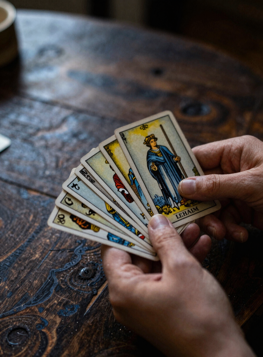 A close-up of hands holding the Lehaim tarot cards on an antique dark wooden table, soft dramatic golden hour light, moody editorial photography, 35mm